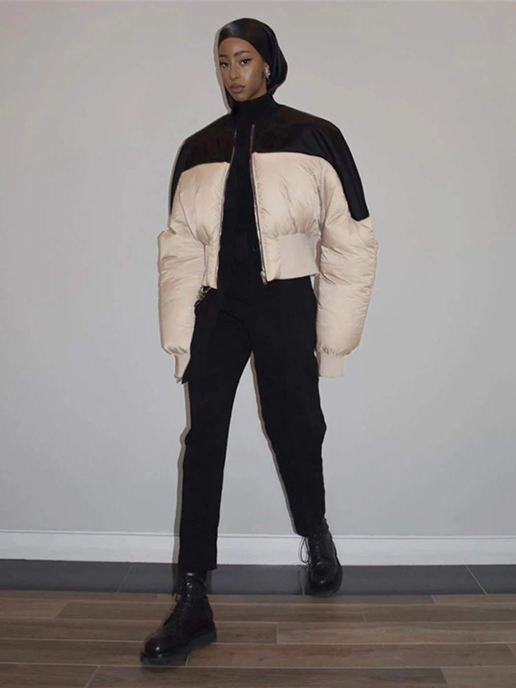 

Winter Panelled Hatless Jacket Coat Women High Street Stand Collar Slim Concise Hipster Zip-up Quilted Streetwear Coat