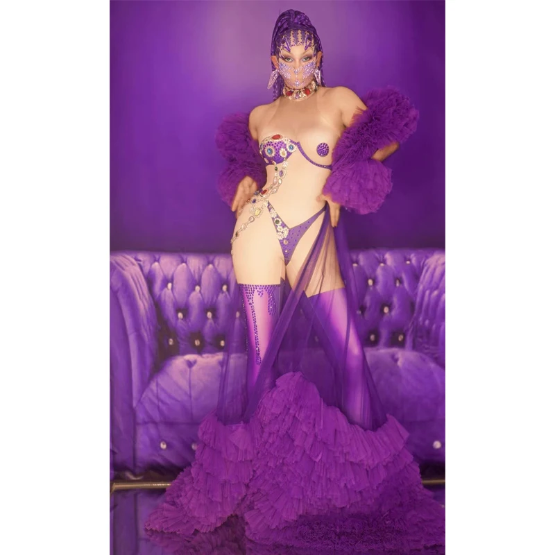 Sexy Women Purple Rhinestone Feather Transparent Long Jumpsuit Cape Cloak Dance Show Evening Party Outfit Birthday Prom Costume