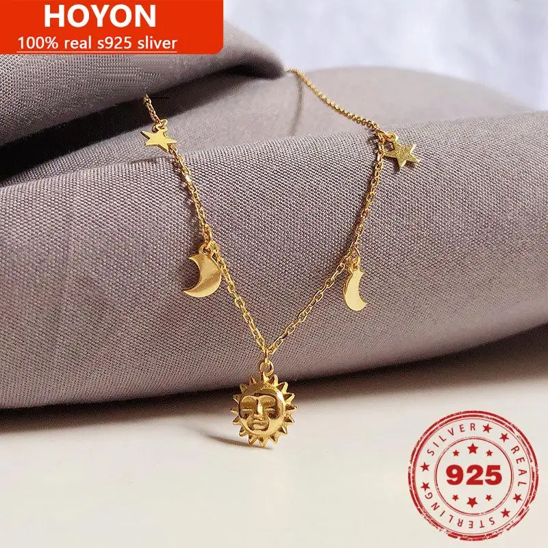 

HOYON silver 925 real 100% jewelry for women sun moon and stars electroplating k gold color clavicle chain necklace beautiful