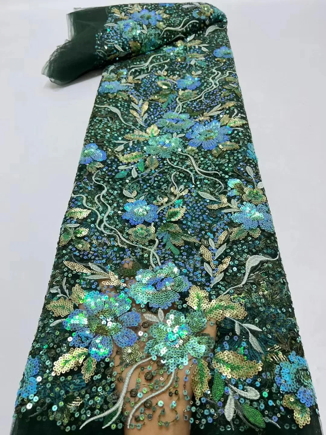 

African Sequins Lace Fabric 2023 High Quality Nigerian Party Green color Sequins Embroidery French Tulle Lace Fabric