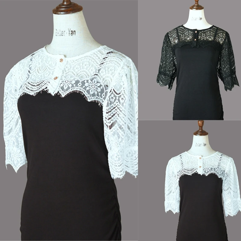 

Exquisite Lace False Collar Fashion Crocheted Half Top Collar Solid Small Shawl Short Sleeves Crop Tops for Women Girls