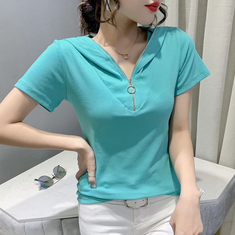 2023 New Summer Korean Style Cotton Loose T-Shirt Fashion Sexy Solid Hooded Zipper Women Short Sleeve Tops All Match Tees 32440