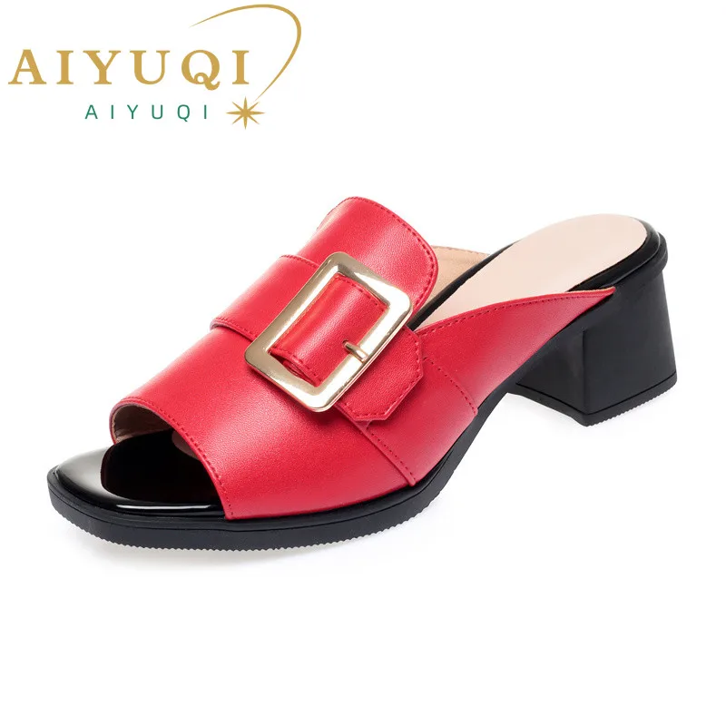 Women Slides Genuine Leather Summer New Style Square Buckle Large Size Women's Slippers Mid-heel Red Fashion Slippers Women
