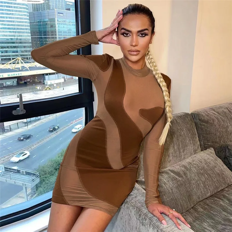 

Mesh Patchwork Solid Mini Dress Women Autumn Female Sexy Skinny Full Sleeve O-neck Dresses Vestido