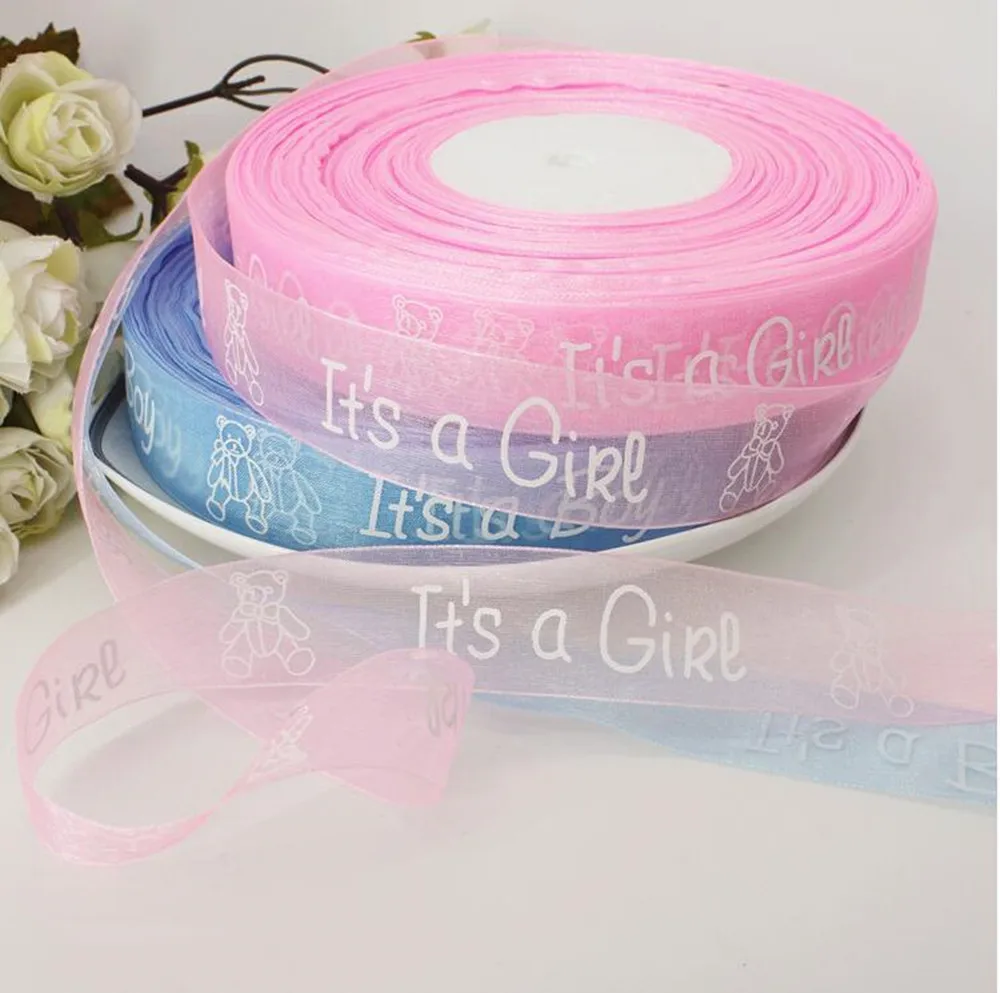 Pink Blue Organza Ribbons Baby Shower Gender Reveal It's A Girl Boy Gift Wrapping Ribbon for Birthday Party Decoration 5yards