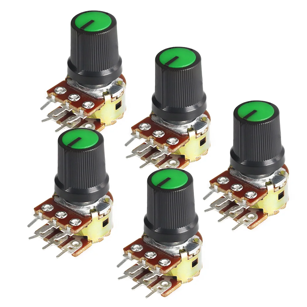 

5Set WH148 Linear Potentiometers 15mm 6pin 1K 2K 5K 10K 20K 50K 100K 250K 1M with Green AG3 Knob Cap Potentiometer Kit