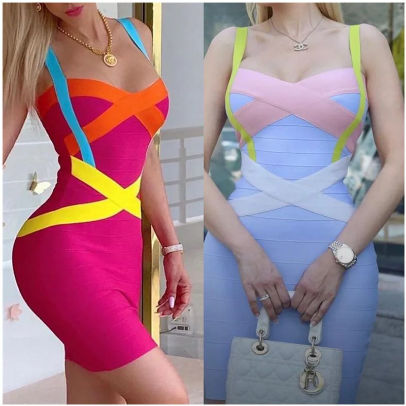 

Free Shipping Women Sleeveless Sexy Strap Patchwork Bodycon Mini Rayon Bandage Dress Celebrate Birthday Party Dress