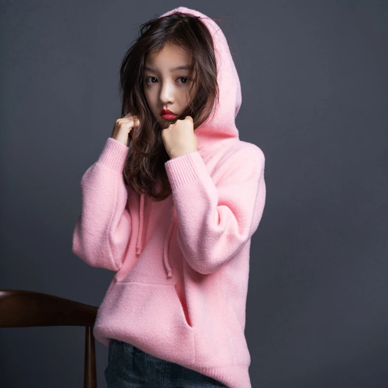 

Fashion Children Hooded Sweaters Autumm Winter Teenage Thicken Warm Knitted Sweater Pure Color Hooded Clothes for Girls 6 To 14Y