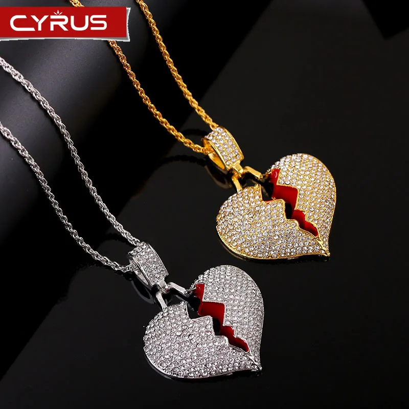 

Burst Love Heart Necklaces for Women Mens Hip Hop Jewelry Rhinestone Pendant Necklace Gold Charms Cubana Link Chains Couple Gift