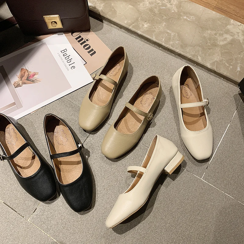 2023 New Women Low Heel Shoes Square Toe Retro Mary Janes Pumps Casual Spring Autumn Lady Weekly Shoes Size 35-40