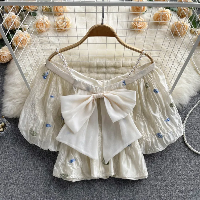

Sweet temperament off shoulder suspender puff sleeve shirt women summer 2022 new short top fashion blusas mujer de moda 2022
