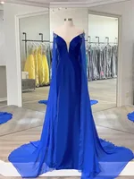 Lady Prom Evening Pageant Dress Royal Blue Velvet Elegant Red Carpet Couture Gowns with Chiffon Cape Bead-work Shoulder Off