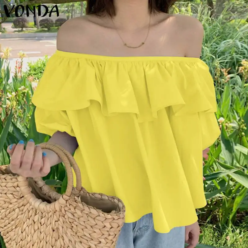 

Ruffled Shirts 2022 VONDA Sexy Off Shoulder Tops Women Summer Half Sleeve Tunic Blouses Casual Loose Solid Party Elegant Chemise