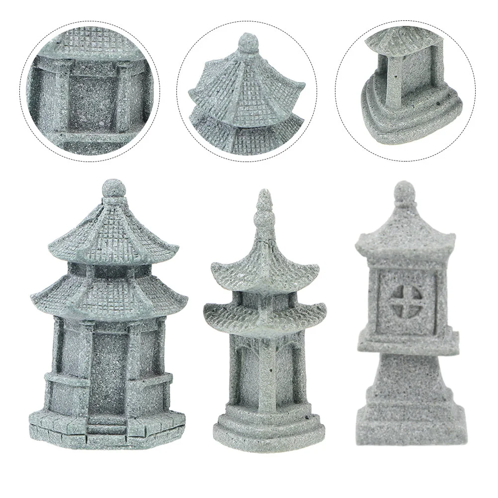 

3 Pcs Outdoor Tree Pavilion Statue Model Decor Light Miniture Decoration Adornments Ornament Lantern Bonsai