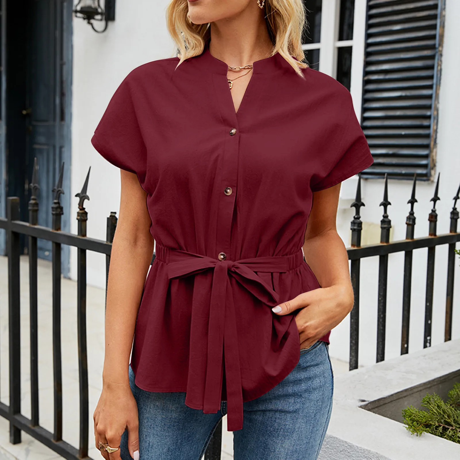 

Рубашка Женская Асимметричная на пуговицах, однотонная туника с отложным воротником, с коротким рукавом, на пуговицах, повседневная одежда ...