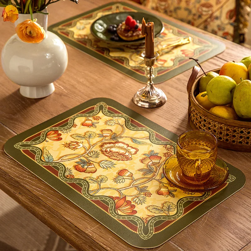 

Retro Light Luxury Leather Placemat Modern Flower Romantic Table Mat Heat Insulation Mat Household Bowl Mat Hand-painted Pattern