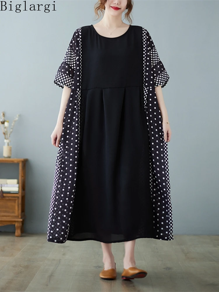 

Oversized Patchwork Polka Dot Big Size Dress Summer Woman Casual Women Loose Korea Ladies Womens Cotton Hemp Dresses Long Dress