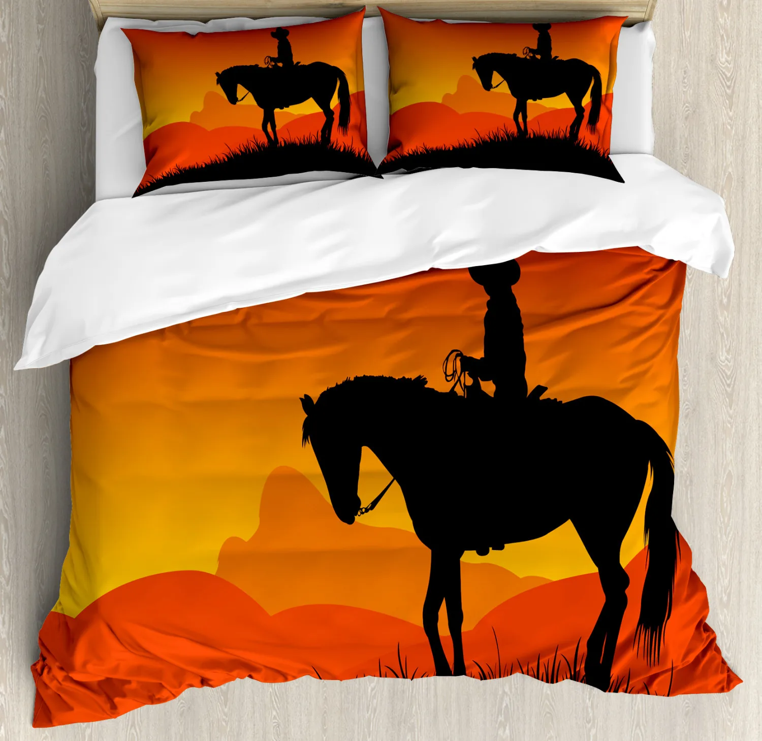 

Cowboy King/Queen Size Duvet Cover Cream Set,Cowboy Riding Horse Towards Sunset In Wild West Desert Polyester Comforter Cover