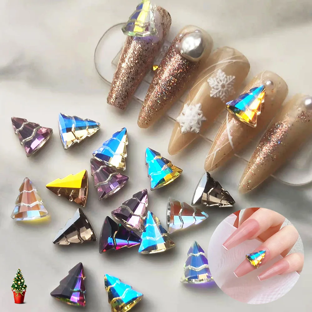 

50pcs Crystal Christmas Tree Nail Rhinestones Aurora Color Santa Claus New Year Tree Gems Charm Pointed Bottom Manicure Diamonds