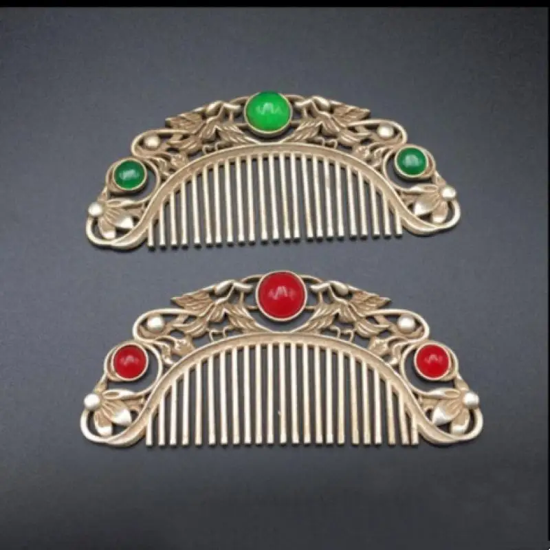 

4.04Tibet Tibetan Buddhism Tibetan Silver Set Gemstone Comb Son