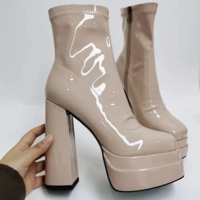 New Women Platform Boots Chunky Heels Designer Shoes For Women Motorcycle Boots Side Zipper Women's Ankle Botas Femininas