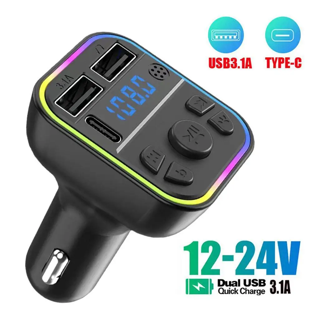 

Car 5.0 FM Transmitter PD Type-C Dual USB 12-24V 3.1A Fast Quick Charger Colorful Ambient Light Handsfree MP3 Modulator Player