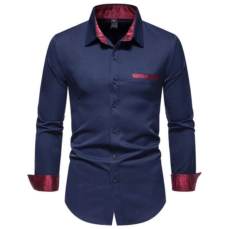 2022 Mens Shirts Long Sleeve Solid Color business shirt Fashion splicing Design Slim Shirt  Male Shirt Solid British Style