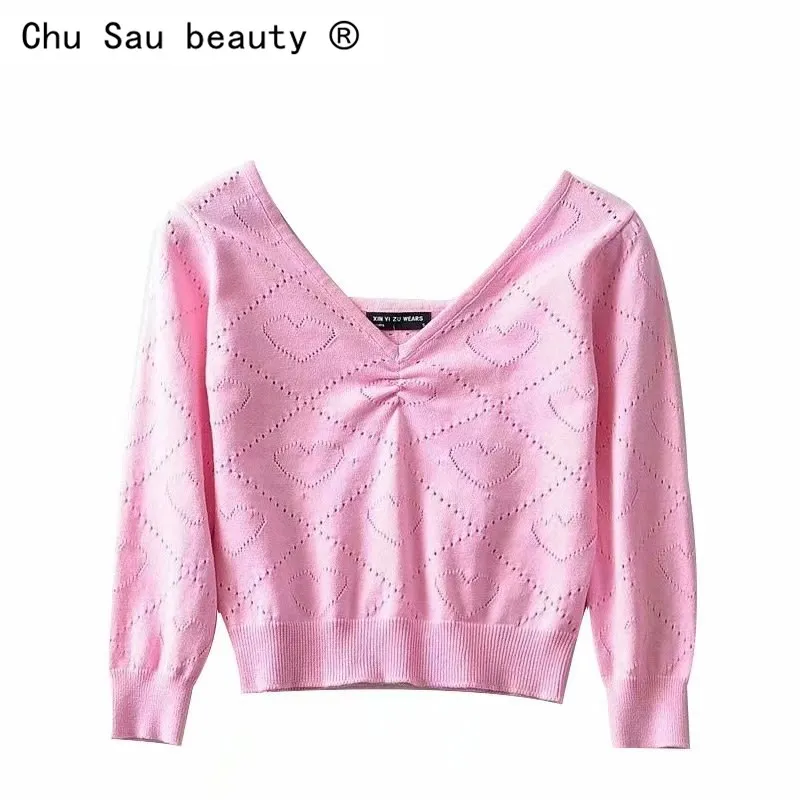 

Sexy vintage V-neck folds pink peach heart hollow knit sweaters slim thin 3/4 sleeve short crop tops pullover jumpers for woman