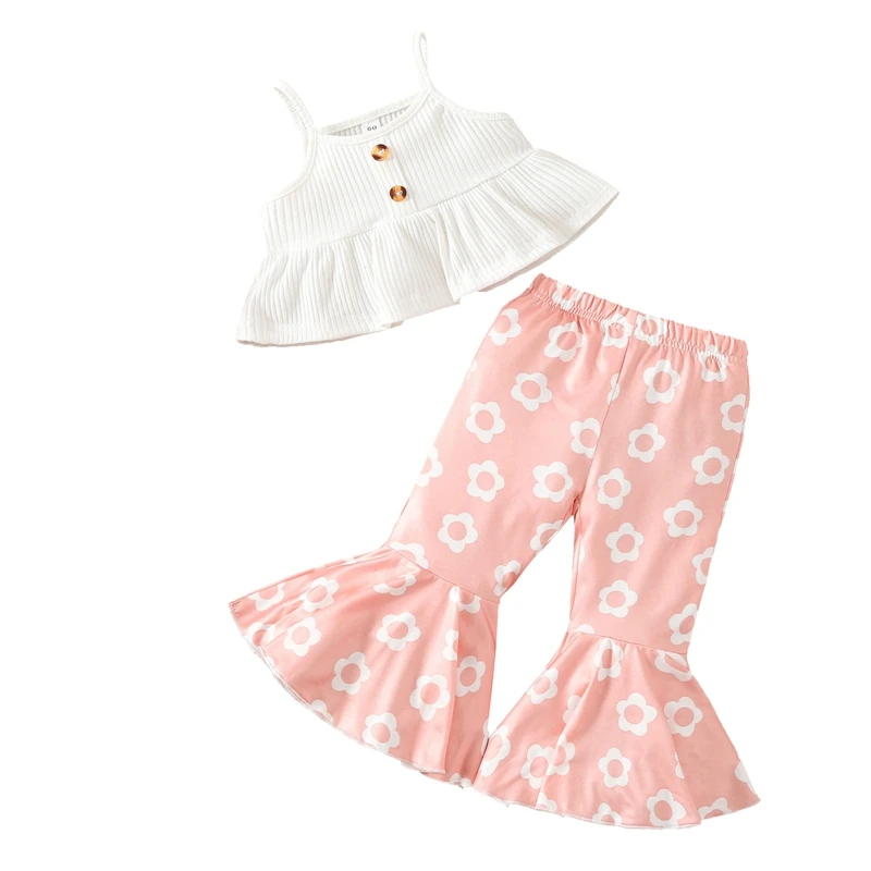 

Newborn Baby Girls Summer Outfit Infants White Sleeveless Ribbed Sling Vest + Pink Floral Flared Pants Clothes Set
