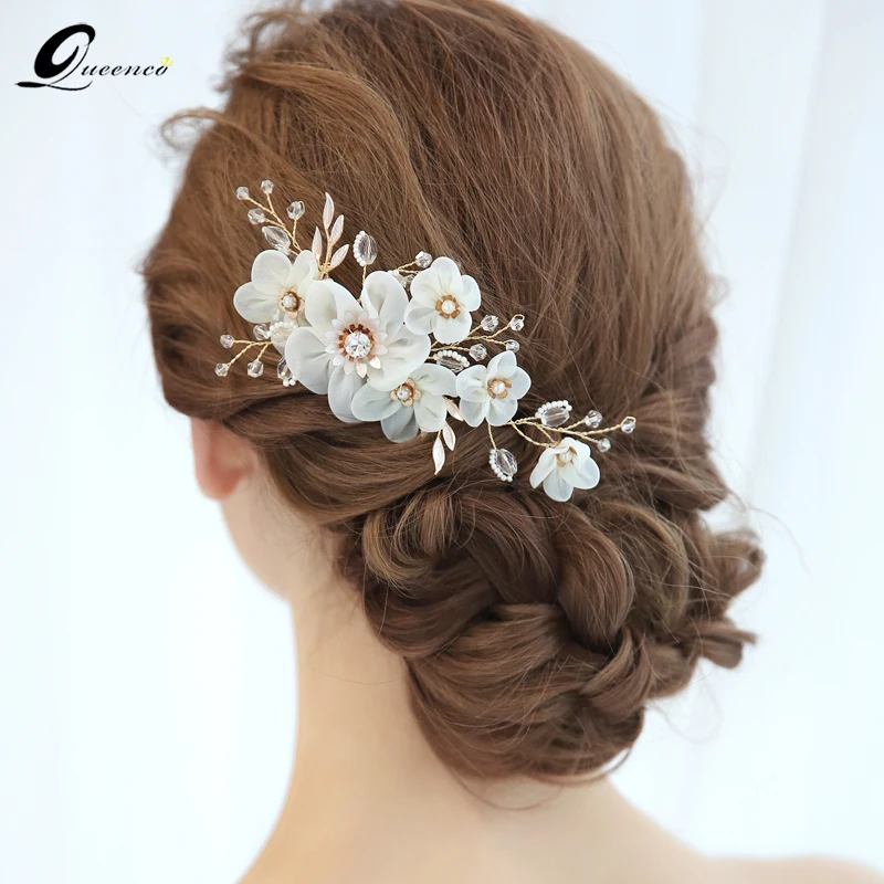 

White Flower Hair Comb Wedding Pins Accessories Bridal Combs Golden Color Pearls Bridesmaids Gift Party Jewelry Hairpins