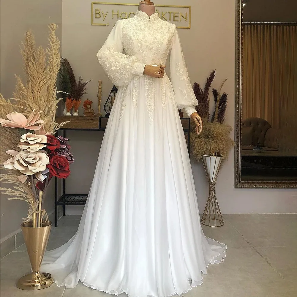 Aso Ebi Arabic Muslim Wedding Dresses High Neck Lace Marriage Bridal Gowns Moroccan Full Sleeves Lady Formal Outfits White Ivory