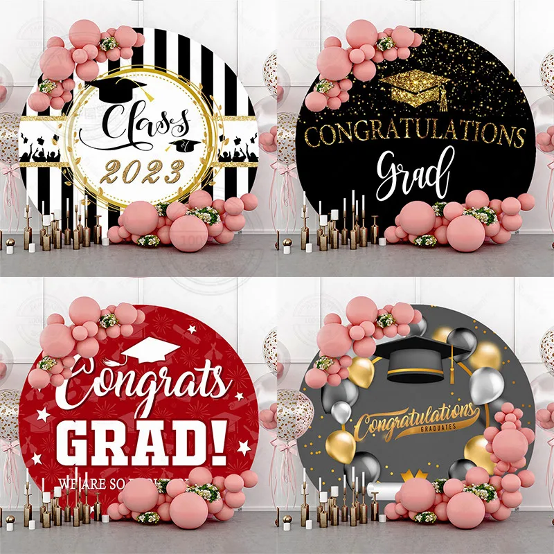 

New Custom 2023 Graduation Ceremony Bachelor's Cap Adult Party Celebration Round Fabric Backdrop Gold Black Photo Props