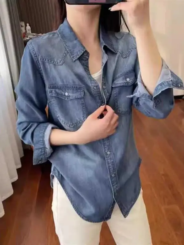 French sle Stacked Soft Denim Shirts Women High-Grade Spring and Autumn Cotton Small Loose Temperament Shirt Thin Coat