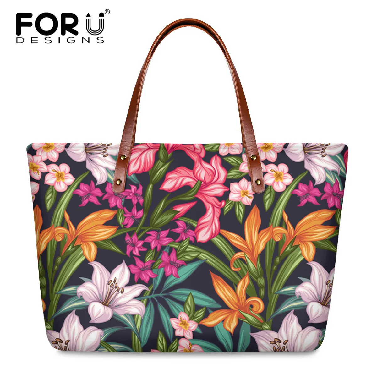 

FORUDESIGNS Ladies Large Sieze Shoulder Bag Tropical Flowers Pattern Casual Handbags Female Fashion Top-Handle Bag Tote Bags