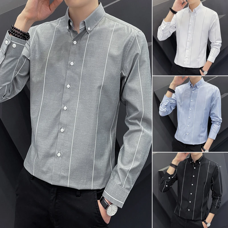 

New Fashion Men's Striped Long Sleeve Shirts Business Casual Shirts Men's Slim Fit Breathable Shirts