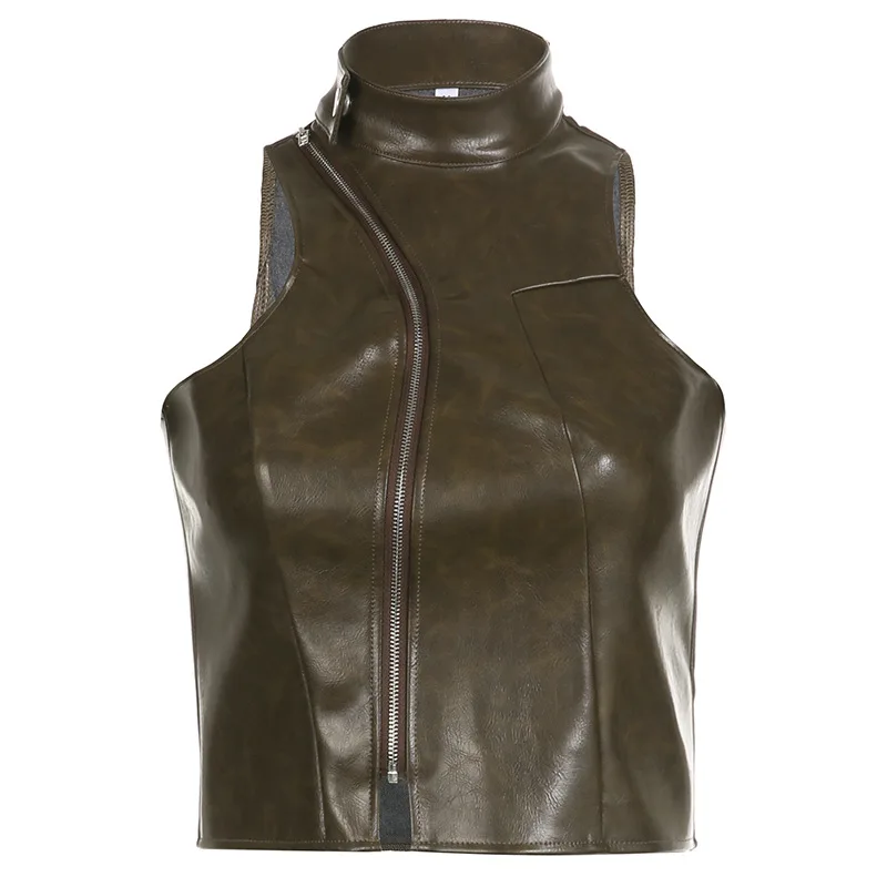 

Spicy Girl Punk Street Style Asymmetric Standing Neck Sleeveless Zipper Tank Top