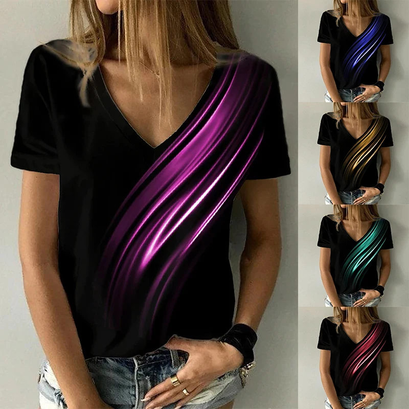 

2022 Summer Elegant Women Abstract Painting T Shirts V Neck Faional Pullover Casual Streetwear Plus Size New Female Daily Tops