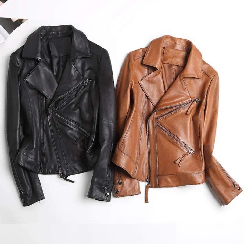 

Spring Autumn 2023 Natural Sheepskin Genuine Leather Jacket Women's Short Slim Motorcycle Jackets Femal Fashion Versatile Zipper