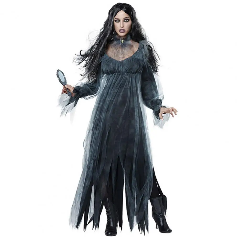 

Fashion Halloween Dresses Cosplay Suit Women Blue Mystery Creepy Neck Collar Role Play Dark Style Costumes for Halloween Party