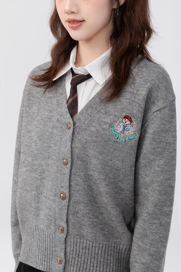 Американский винтажный кардиган с вышивкой значка медведя короткая куртка в