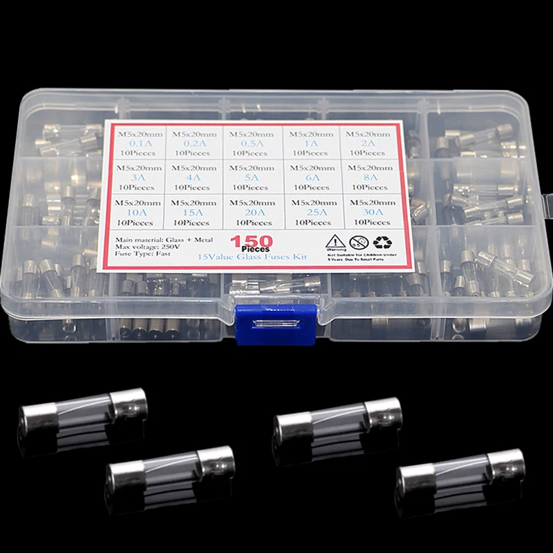 

150pcs 5x20mm Fast-blow Glass Fuse Assorted Kit 5*20 0.1A 0.2A 0.5A 1A 2A 3A 4A 5A 6A 8A 10A 15A 20A 25A 30A Fuse Tube Mix Set