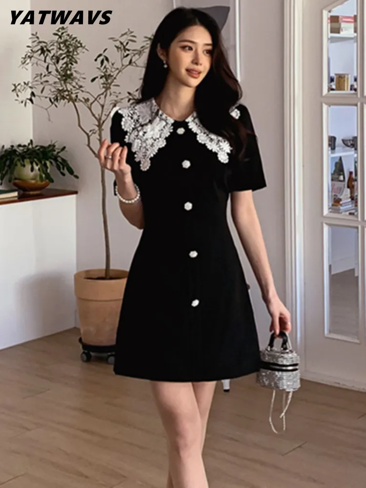 

YATWAVS Korea Women Black Short Dresses Elegant Splicing Lace Peter Pan Collar Short Sleeve Fashion Single Breasted Slim Dress