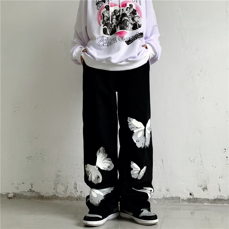 

Pants Women Street Style Butterfly Print Straight Jeans Women's High Waist and Thin All-match Wide-leg Mopping Pants