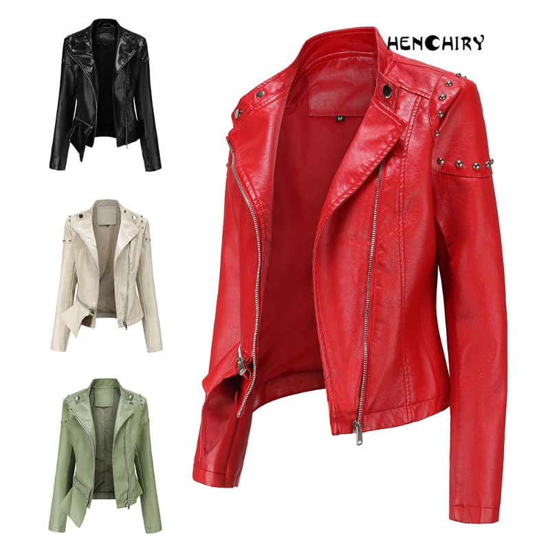 

HENCHIRY New High Quality Spring Autumn Fashion Rivet Stand-up Collar Leather Jacket Solid Color Jacket Women's Irregular Hem