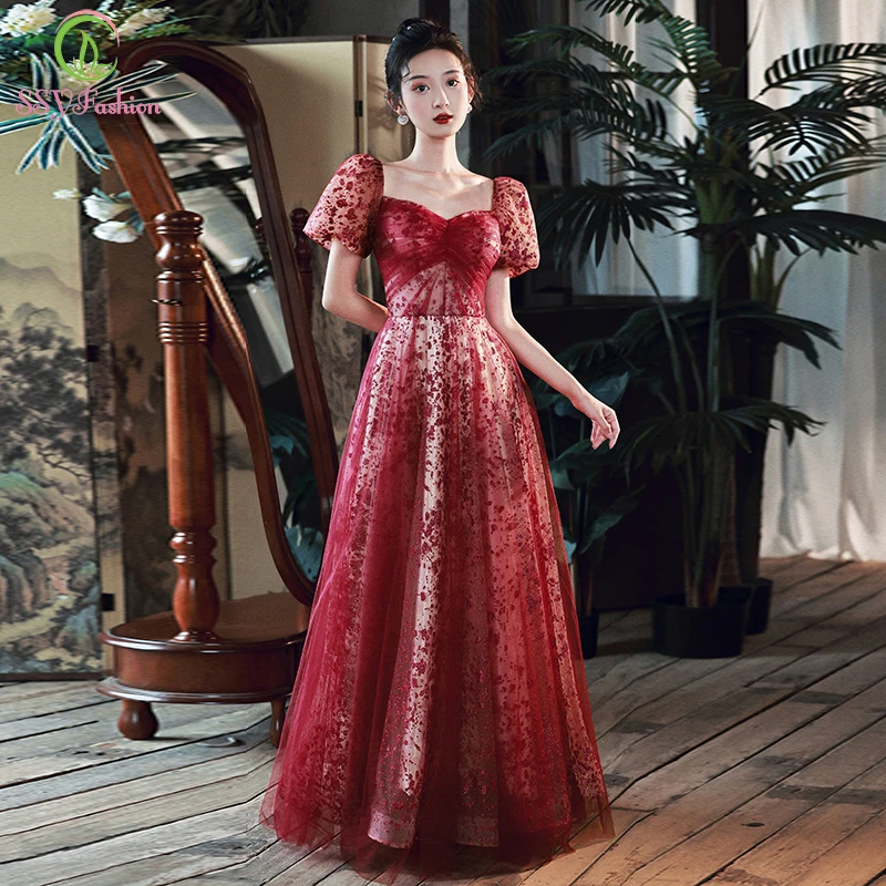 

SSYFashion New Elegant Banquet Wine Red Evening Dress Sweetheart Puff Sleeve A-line Floor-length Formal Party Gowns for Women