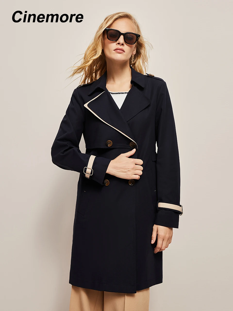 

Cinemore 2022 fall new medium-length windbreaker jacket female British wind temperament casual Korean loose jacket 22028