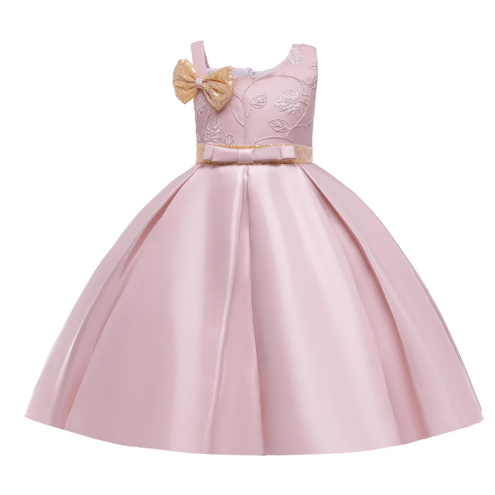 

Fashion Embroidered Flower Dresses For Girls Bow Solid Children Princess Costume Baby Fluffy Wedding Party Kids Clothes 4-10 Age