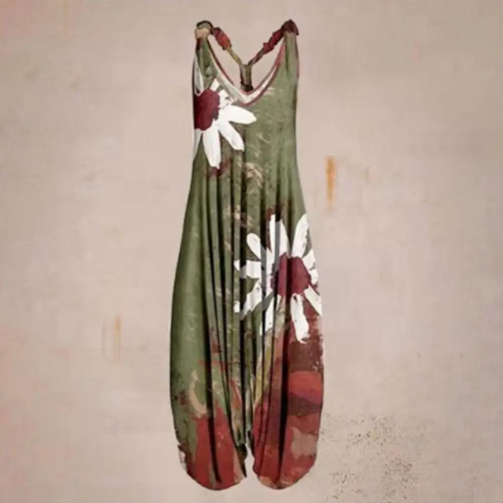 

Women Jumpsuit Casual Loose Strap Dress Vintage Pattern Loose Summer V Neck Backless Streetwear Robe Femme