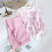 women knitting pants set two piece sets sweet heart shaped beading long sleeve pullover sweater high waist trousers suits