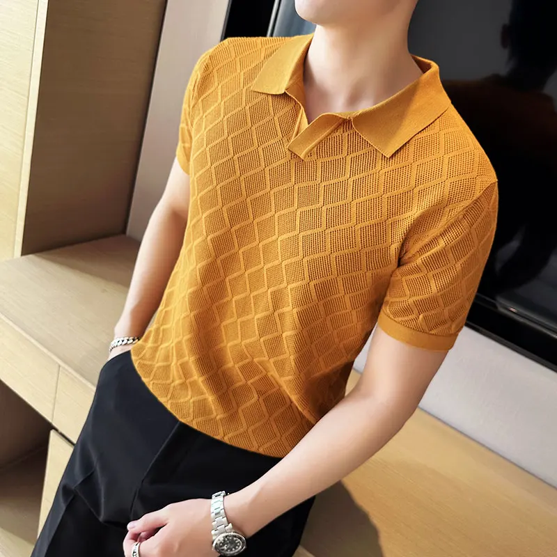 

2023 Stretch Slim Polo Shirts Summer Solid Color Casual Lapel Short Sleeve Plaid T-Shirt Brand Men's Clothing Knit Polo Shirt